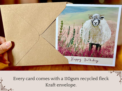 Premium greeting card packaging infographic showing that every card comes with a 110gsm recycled fleck kraft envelope. Clean informational design highlighting sustainable kraft envelope inclusion for illustrated greeting cards.