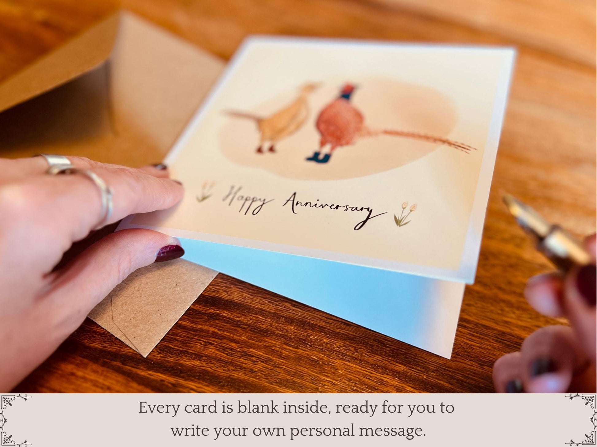Premium illustrated greeting card placed on a tabletop, positioned as if about to be opened. Lifestyle image highlighting the card’s quality design and presentation with a simple natural setting.