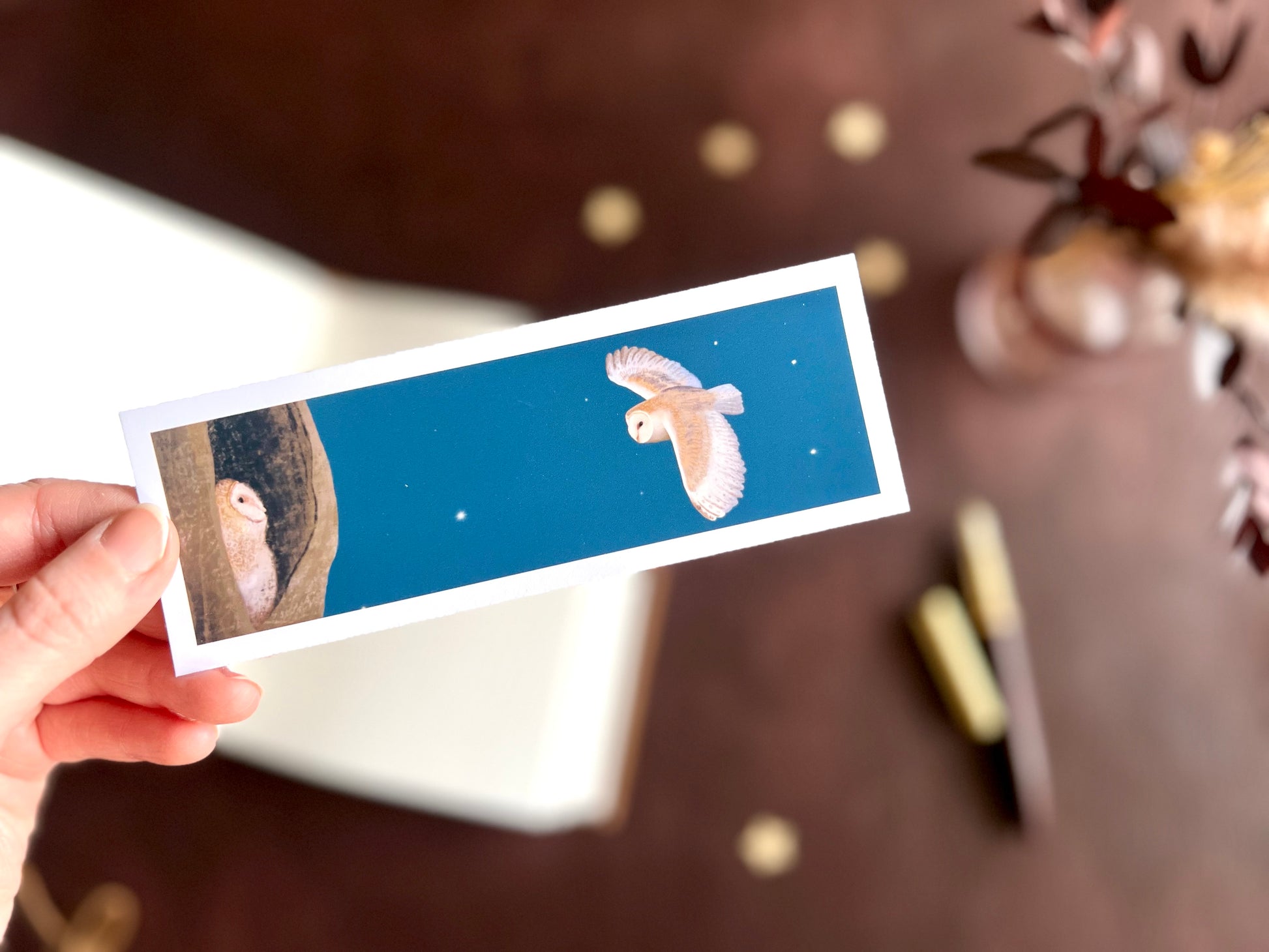 Stationery bookmark with cute woodland animal art. Two owls meet at night against a starlit sky. Artisan product handcrafted in East Yorkshire.