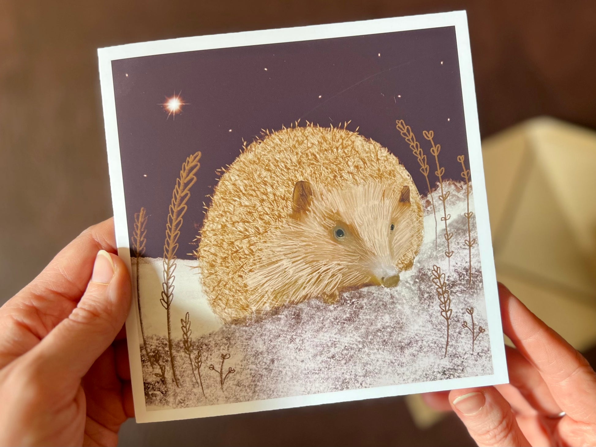 Close up image of hands holding an artisan Christmas card being removed from a kraft envelope, featuring a magical hedgehog illustration sitting on lightly snow-covered ground beneath a dark purple night sky with a shining star.