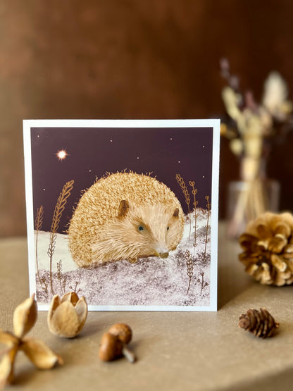 Artisan Christmas card featuring a magical hedgehog illustration sitting on lightly snow-covered ground beneath a dark purple night sky with a shining star, shown standing upright on a tabletop. The foreground includes woodland pine cones and acorns, with dried flowers softly blurred in the background.