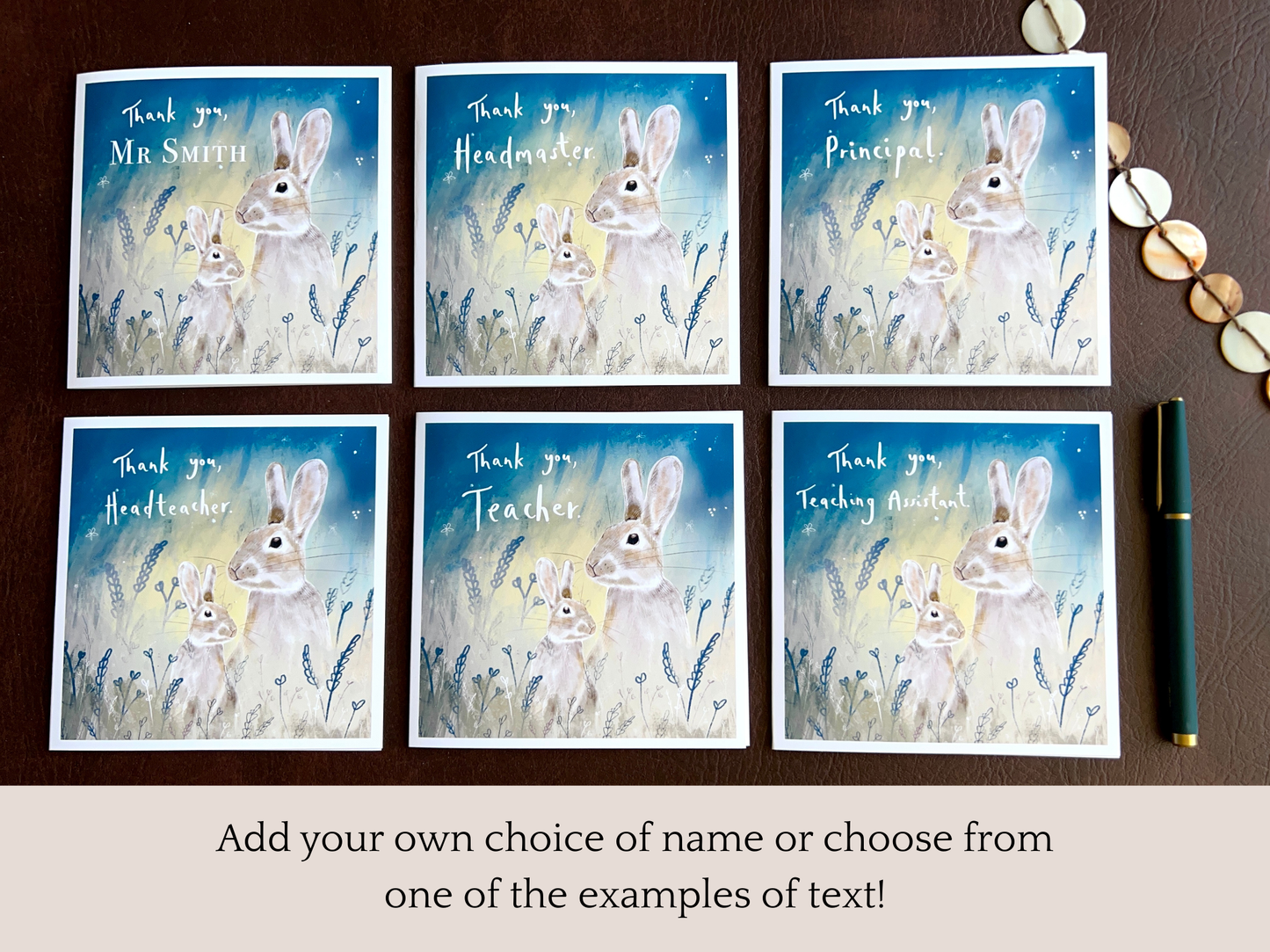 Infographic showing multiple personalised versions of an artisan thank you teacher card featuring a rabbit illustration under a starry blue and green sky. Variations include Thank you, Custom Name; Thank you, Headmaster; Thank you, Principal; Thank you, Headteacher; Thank you, Teacher; and Thank you,Teaching Assistant, with text explaining customisation options.