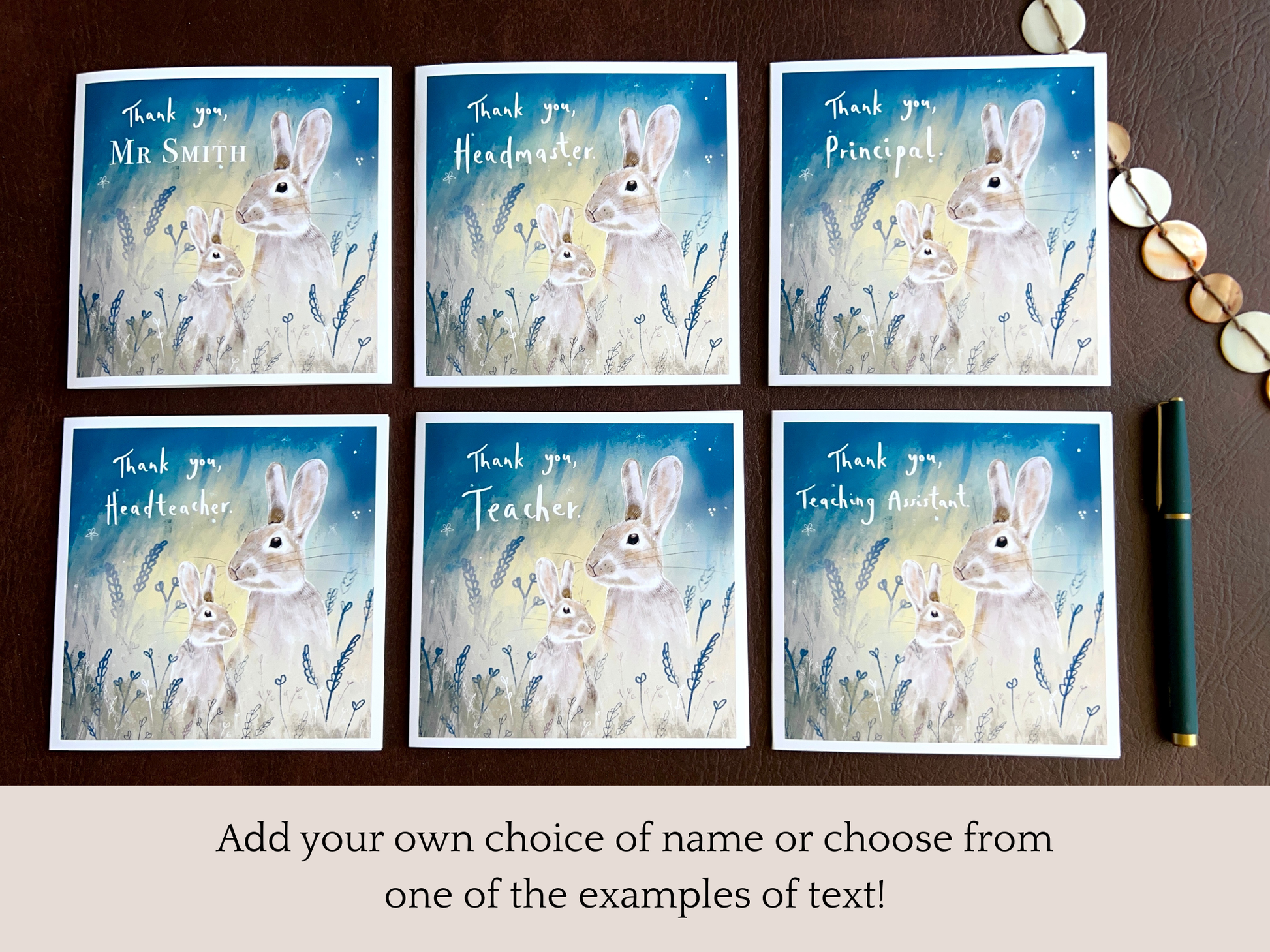 Infographic showing multiple personalised versions of an artisan thank you teacher card featuring a rabbit illustration under a starry blue and green sky. Variations include Thank you, Custom Name; Thank you, Headmaster; Thank you, Principal; Thank you, Headteacher; Thank you, Teacher; and Thank you,Teaching Assistant, with text explaining customisation options.