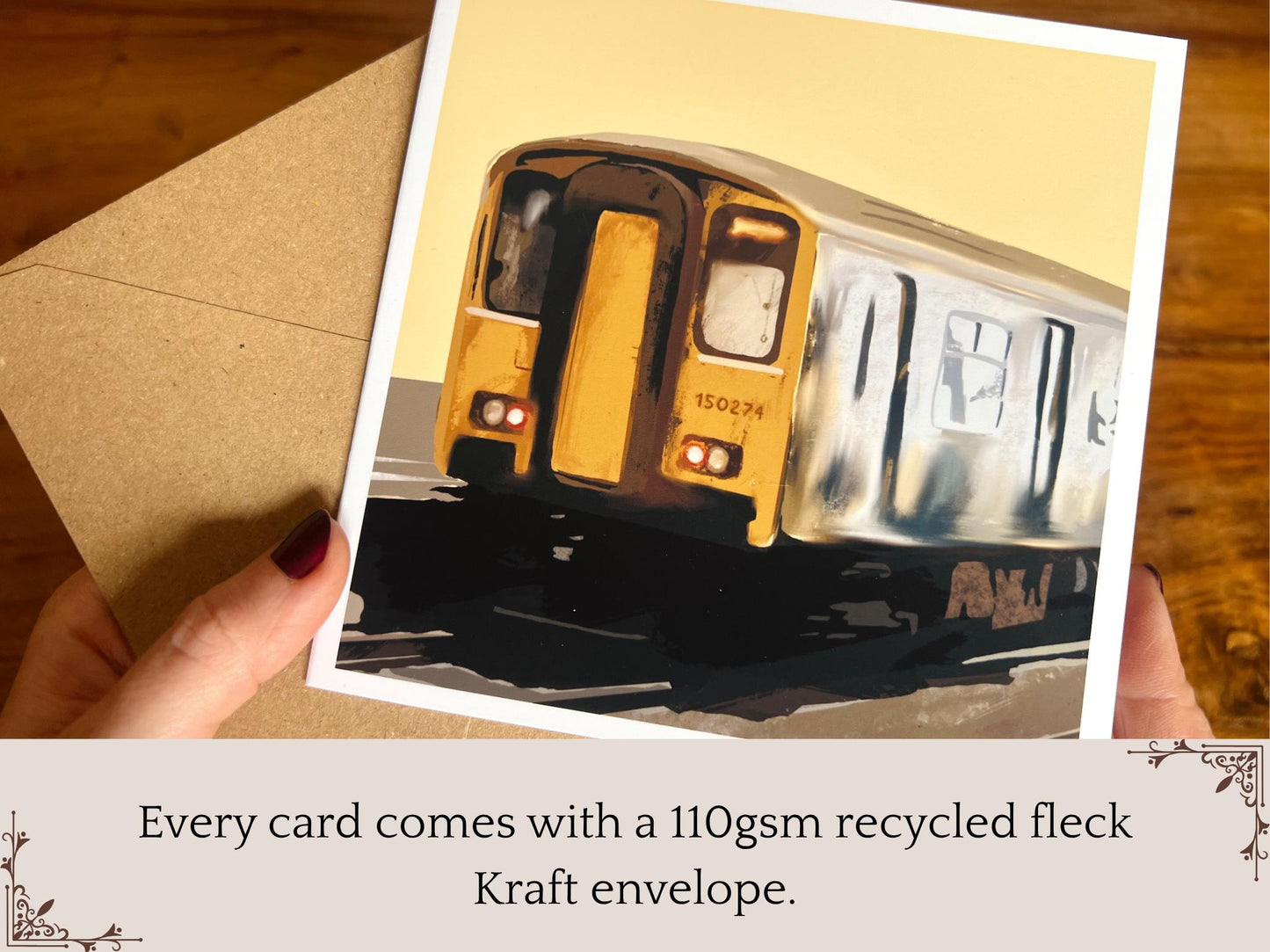 Infographic showing an aerial view of an artisan greeting card featuring Class 150 train 150274 on a yellow background alongside its kraft envelope, with text underneath explaining that every card comes with a 110gsm recycled fleck kraft envelope.