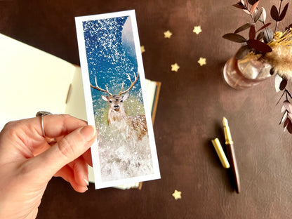 Handcrafted stag bookmark designed and printed by artist Hayley Victoria. Dark academia nighttime theme.