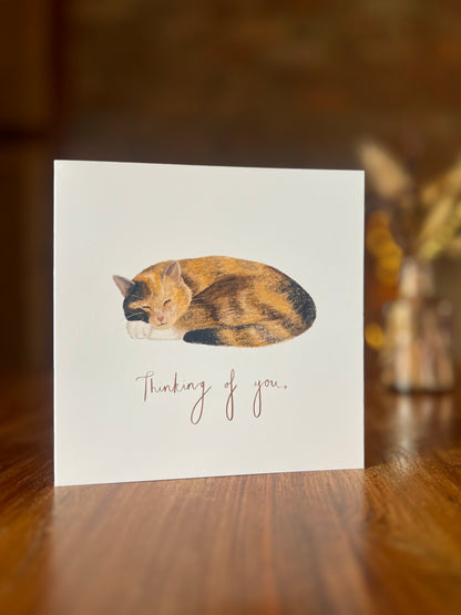 “Thinking of you” calico cat sympathy card featuring a sleeping tortoiseshell and white cat illustration, displayed on a rustic wooden table with softly blurred dried flowers and a brick fireplace background, ideal pet loss condolence card for cat lovers.