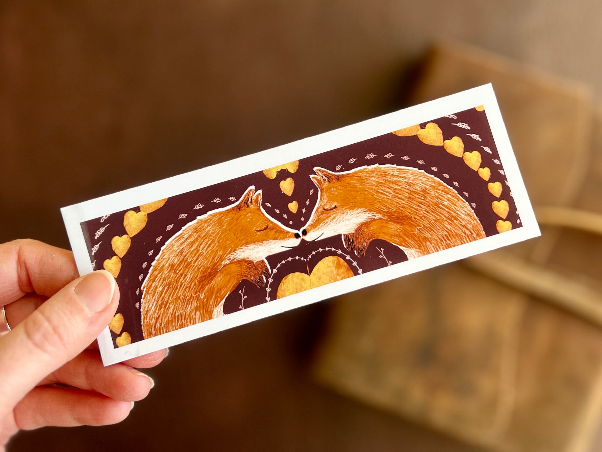 Fox bookmark made by artist Hayley Victoria from The Little Mouse’s House. Folk art design in the background.