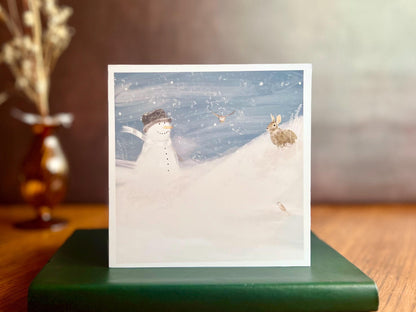 Snowman and Rabbit Christmas Card – Illustrated Winter Snow Scene