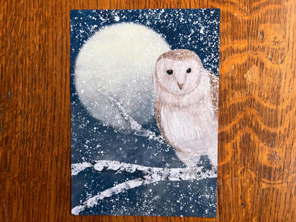 Barn Owl in Snow Art Print – Winter Woodland Scene with Moon – Celestial Animal Illustration for Magical or Rustic Decor