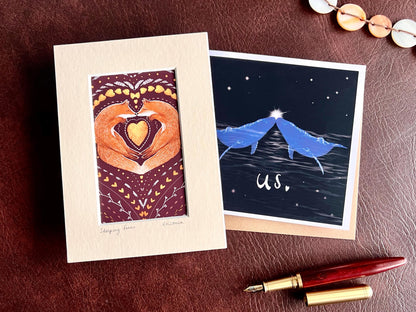 Sleeping Foxes Art Print & Blue Whales Meaningful Card – Romantic Woodland and Ocean Gift Set