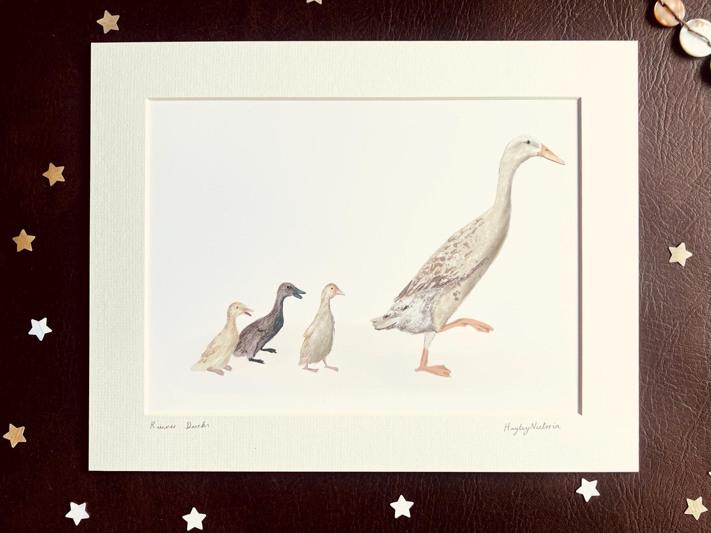 Runner Ducks Art Print – White Duck and Ducklings Illustration – Rustic Animal Wall Art for Cottage or Kitchen Decor