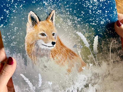 Fox and Moon Art Print – Snowy Night Woodland Illustration – Mystical Animal Artwork for Magical or Moody Interiors