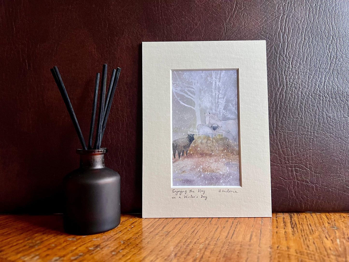 Small Art Print with Fun Sheep and a White Horse on a Snowy Day – A Charming Small Art Print