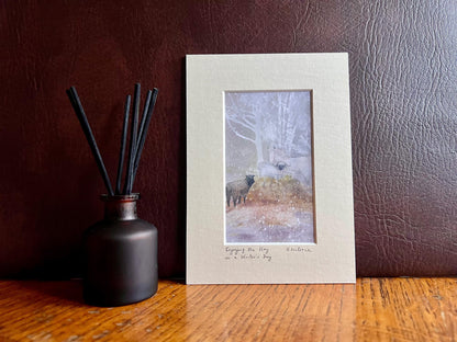 Small Art Print with Fun Sheep and a White Horse on a Snowy Day – A Charming Small Art Print