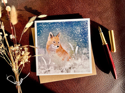 Winter Fox Art Card – Red Fox in Snow, Blank Inside for Any Occasion