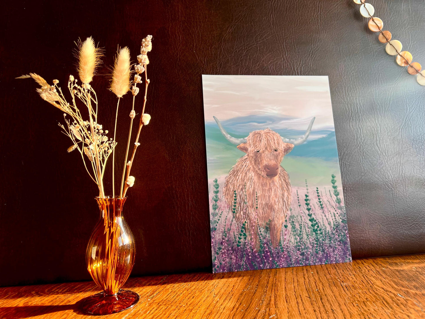 Highland Cow Art Print – Scottish Landscape with Purple Heather – Rustic Animal Wall Art for Cottage Interiors