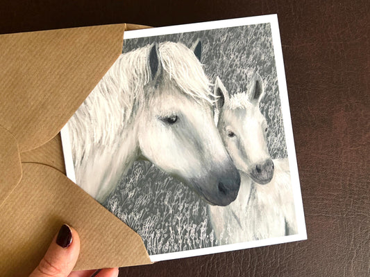 White Horse and Foal Greeting Card – Sage Green or Pale Pink Background – Blank Inside for Any Occasion