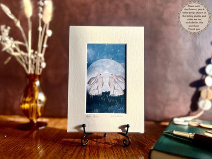 Moon Hares Art Print & Blackberry Mouse Card – Mounted Illustration Gift Set with Woodland Animals