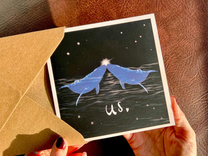 Moon Hares Art Print & Unusual Blue Whales Card – Woodland and Ocean Romantic Gift Set