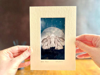 Moongazing Hares Art Print – Small Mystical Home Accent in 5”x7” Mount