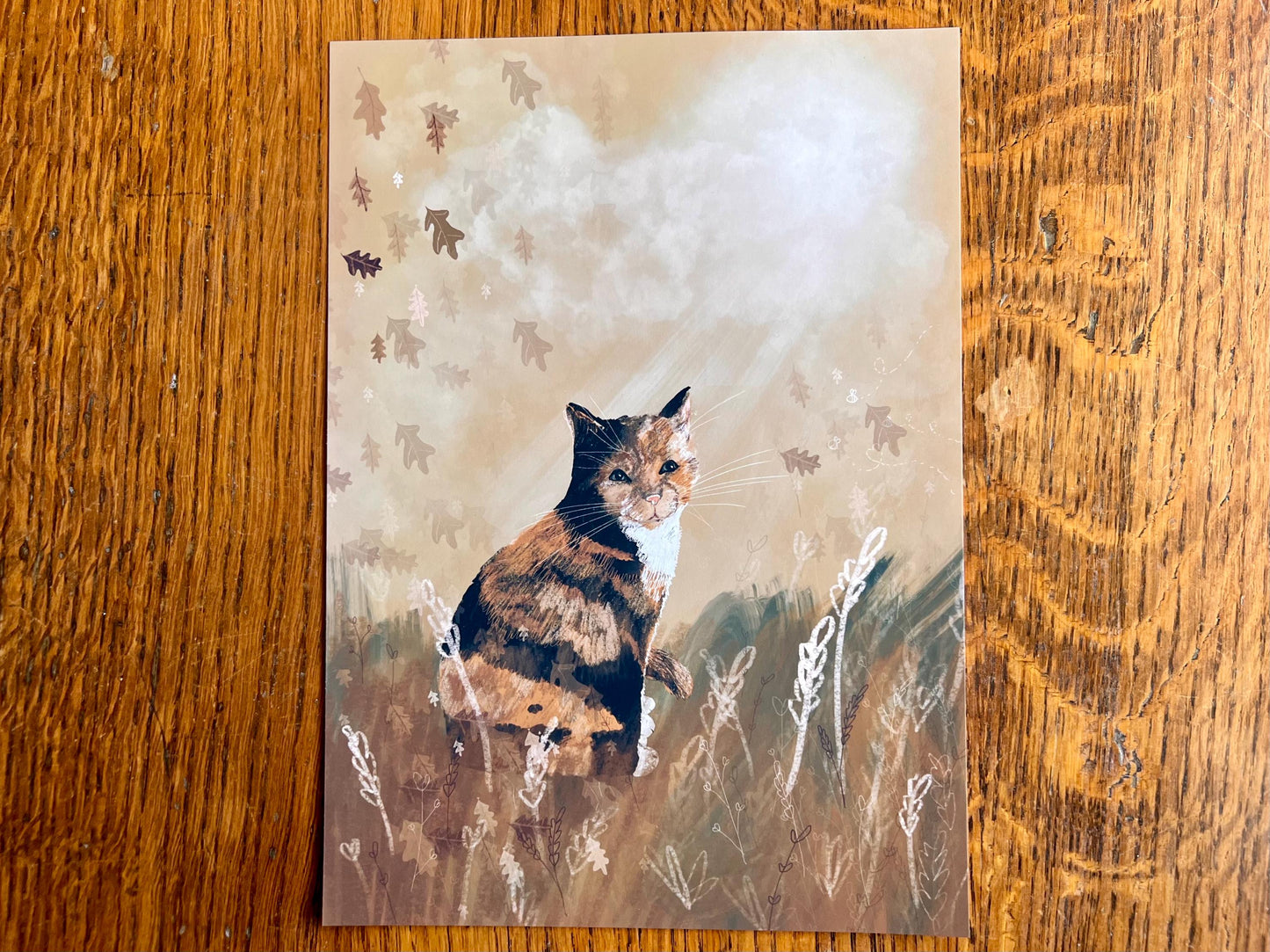 Calico Cat Art Print – Autumn Sunset Illustration – Tortoiseshell Cat Gift or Memorial Artwork for Cat Lovers