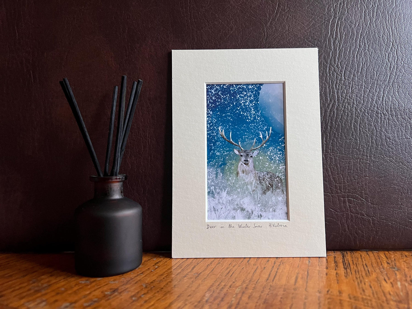 Stag in the Snow Celestial Art Print in a 5”x7” Mount - Rustic Country Interior Home Accent