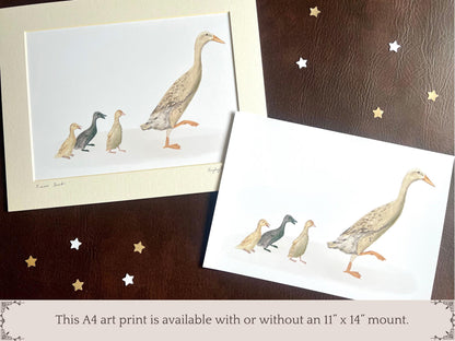 Runner Ducks Art Print – White Duck and Ducklings Illustration – Rustic Animal Wall Art for Cottage or Kitchen Decor