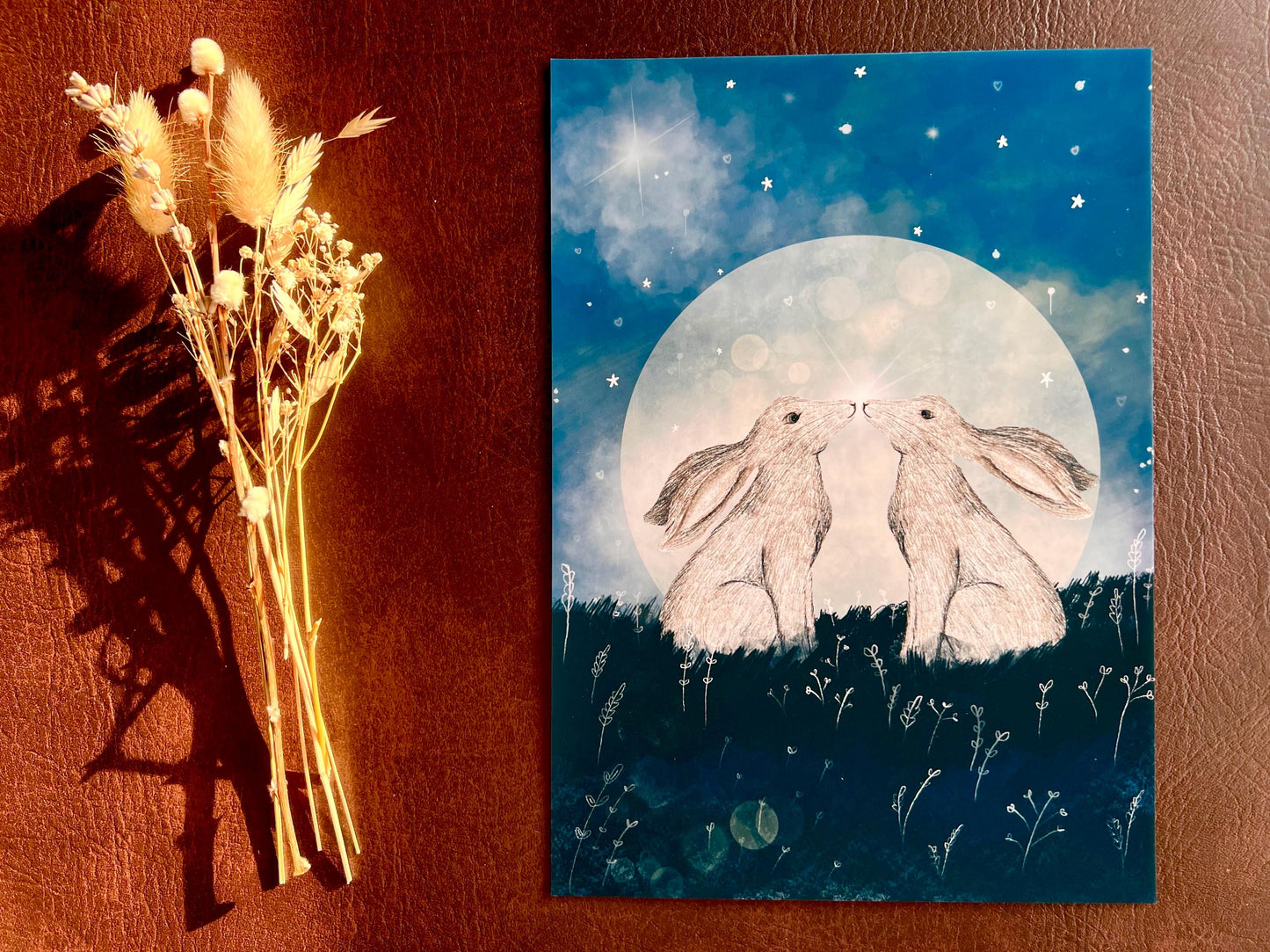 White Hares Moon Art Print – Symmetrical Celestial Animal Illustration – Mystical and Spiritual Night Sky Wall Art