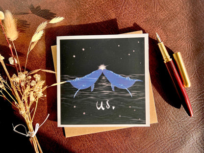 Sleeping Foxes Art Print & Blue Whales Meaningful Card – Romantic Woodland and Ocean Gift Set
