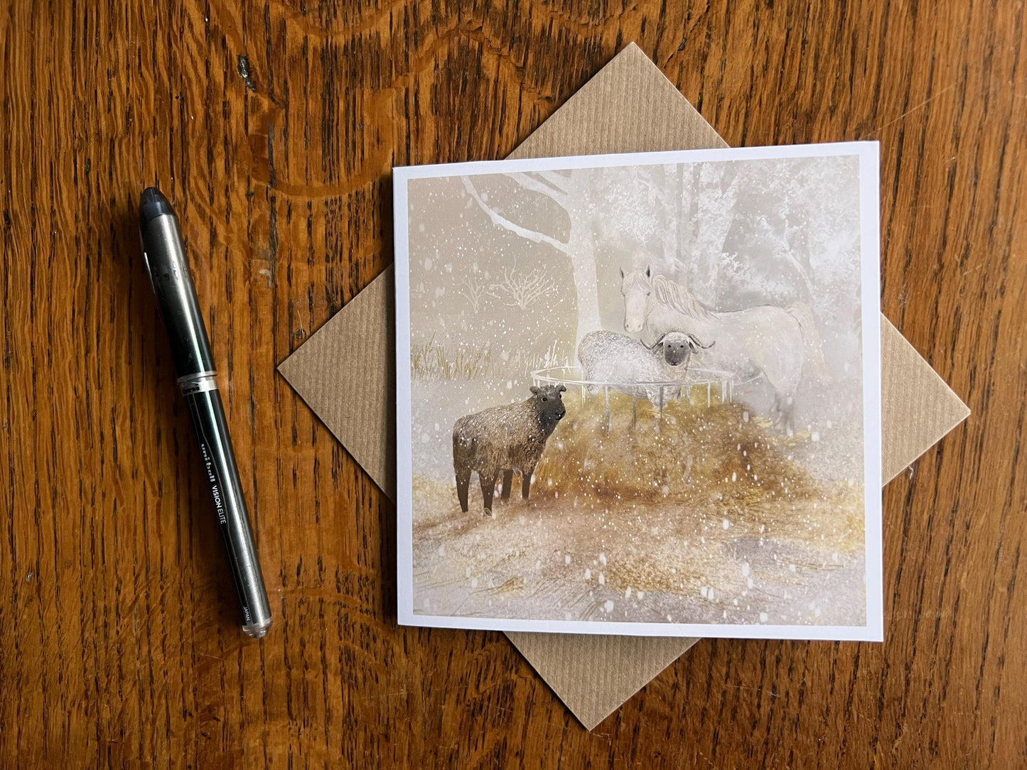 White Horse and Sheep in Snow Greeting Card – Blank for Any Occasion or Christmas