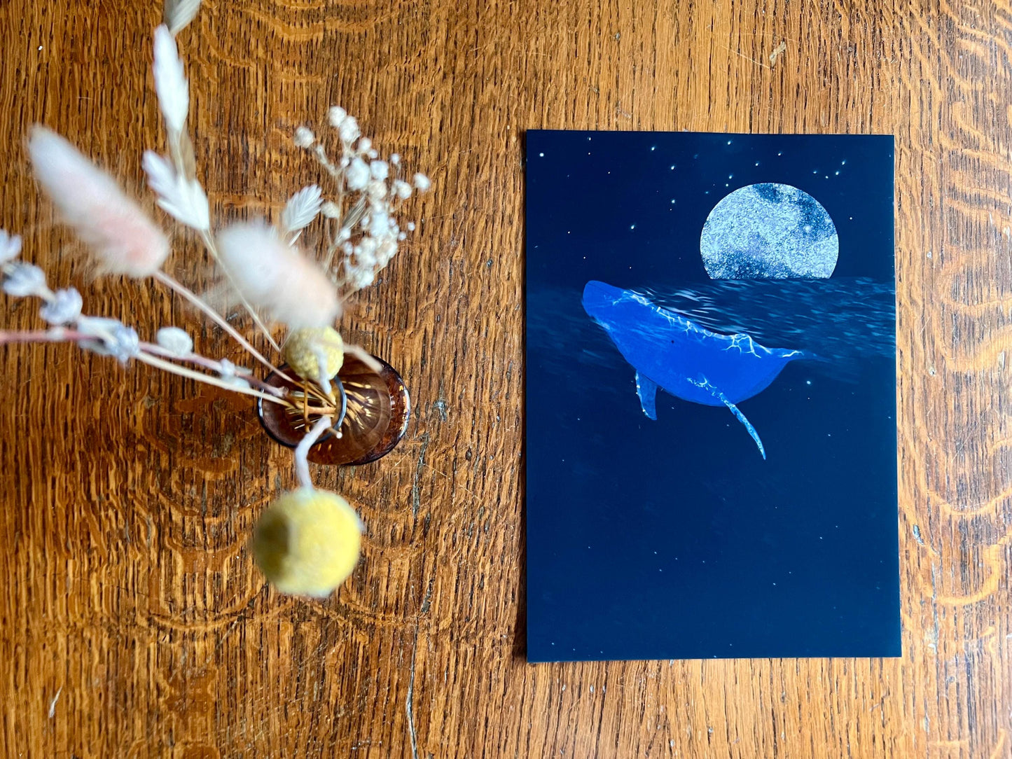 Whale and Moon Art Print – Celestial Ocean Illustration with Black Sky – Atmospheric Wall Art for Natural or Spiritual Decor