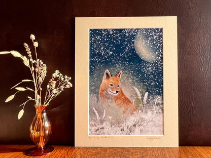Fox and Moon Art Print – Snowy Night Woodland Illustration – Mystical Animal Artwork for Magical or Moody Interiors