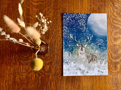 A4 Winter Deer Art Print – Woodland Night Scene