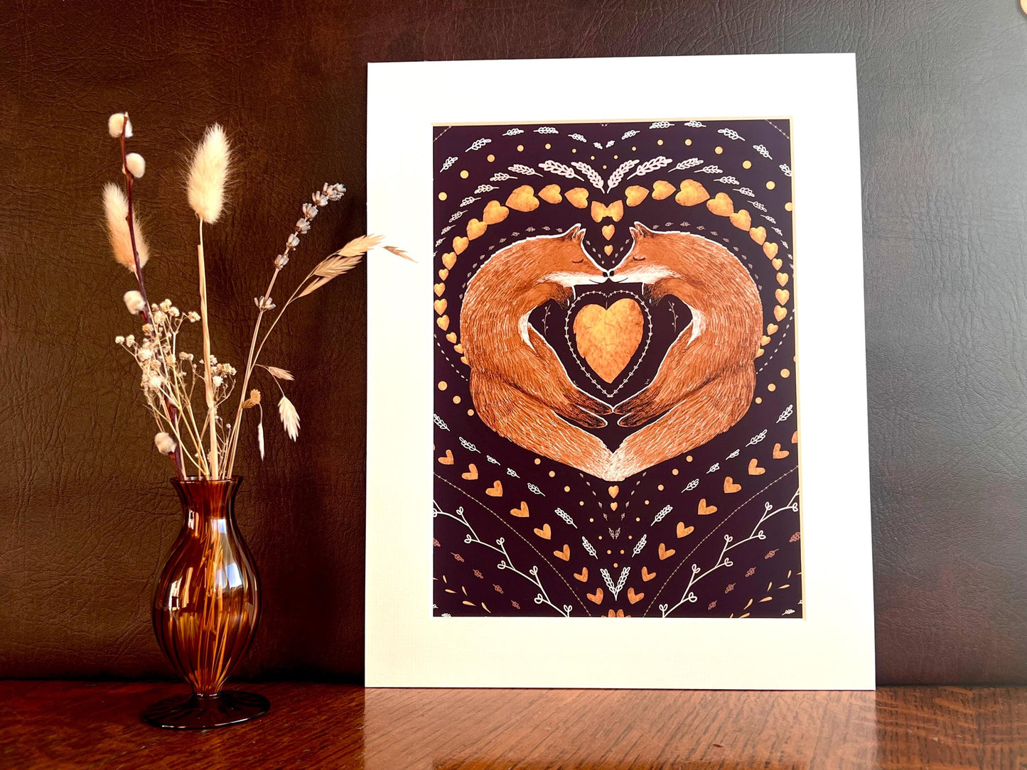 Sleeping Foxes Art Print – Nordic Folk Heart Design on Burgundy Background – Scandi-Inspired Animal Illustration for Gift or Decor