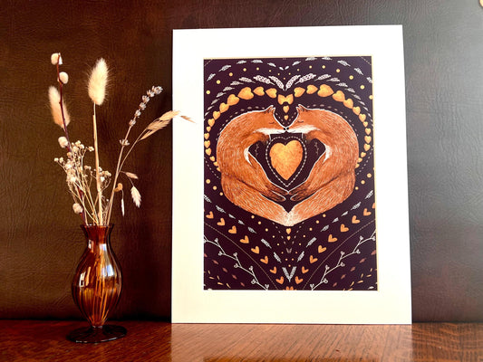 Sleeping Foxes Art Print – Nordic Folk Heart Design on Burgundy Background – Scandi-Inspired Animal Illustration for Gift or Decor