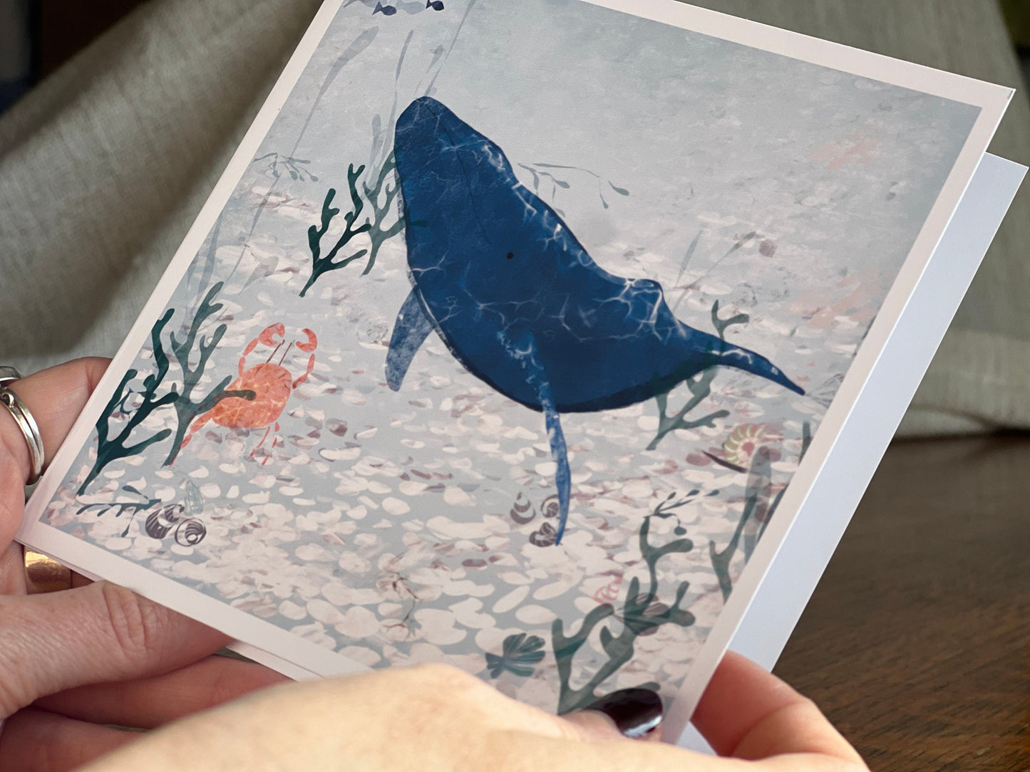 Whale and Crab Greeting Card – Blank Card on Calm Blue Sea Background