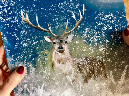 A4 Winter Deer Art Print – Woodland Night Scene