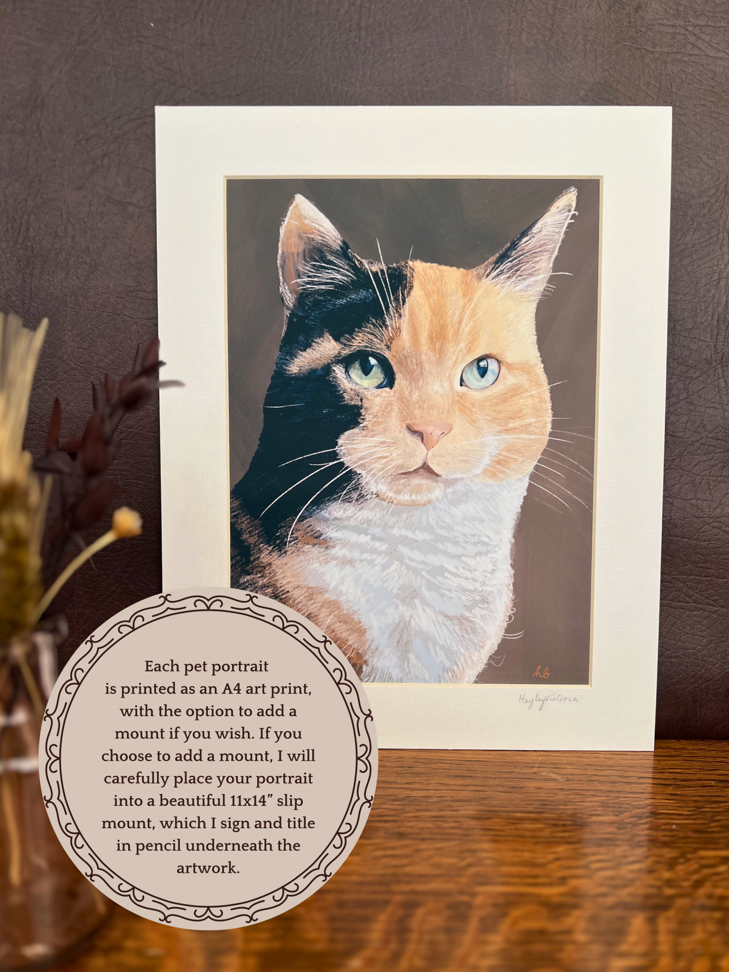 Custom cat pet portrait print showing optional 11x14 slip mount, personalised cat artwork available with or without mount