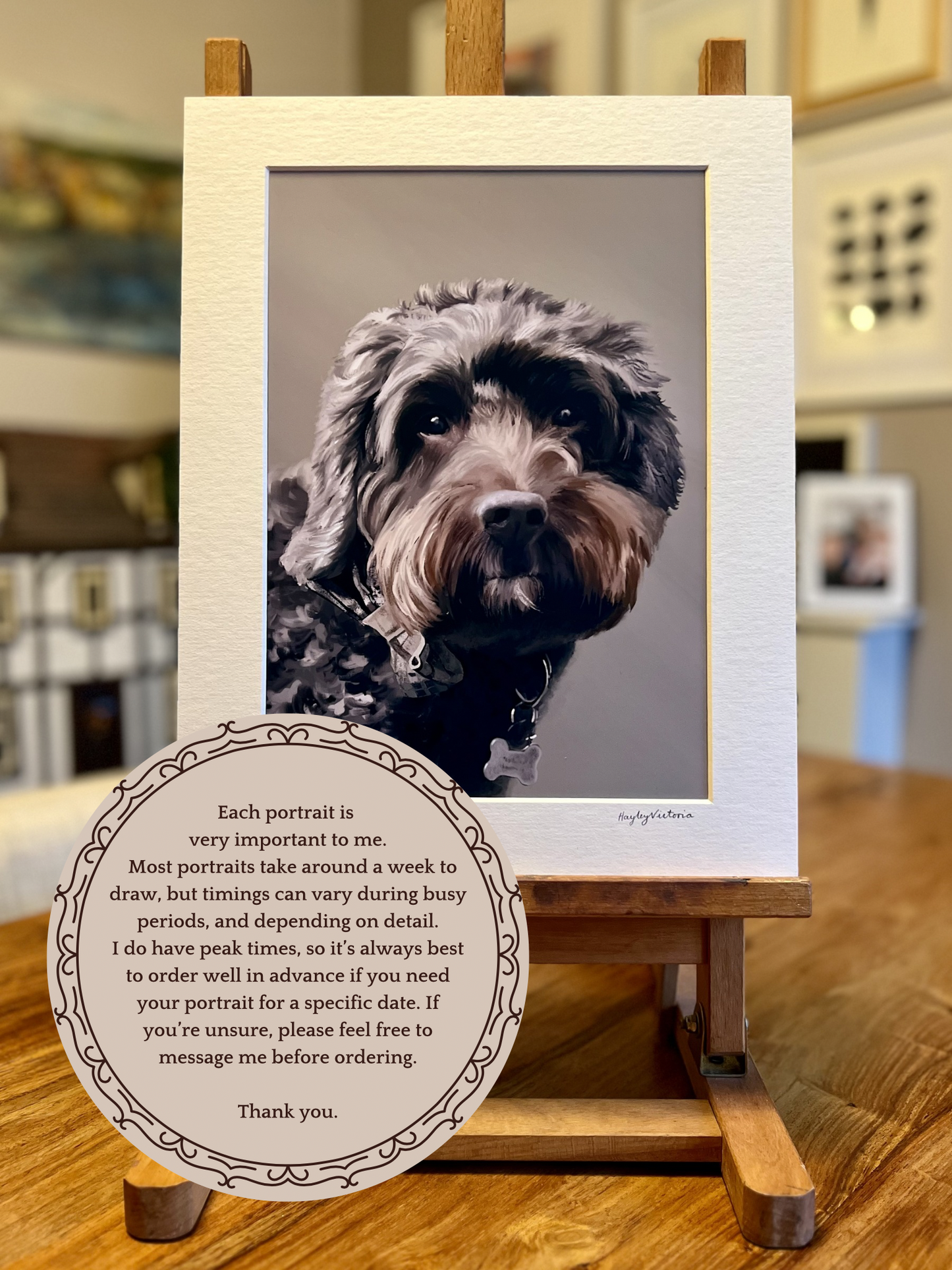 Custom grey dog pet portrait print in 11x14 mount, personalised artwork displayed with turnaround time information, bespoke dog portrait by UK artist