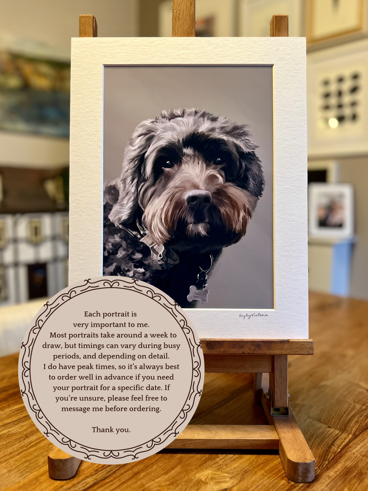 Custom grey dog pet portrait print in 11x14 mount, personalised artwork displayed with turnaround time information, bespoke dog portrait by UK artist