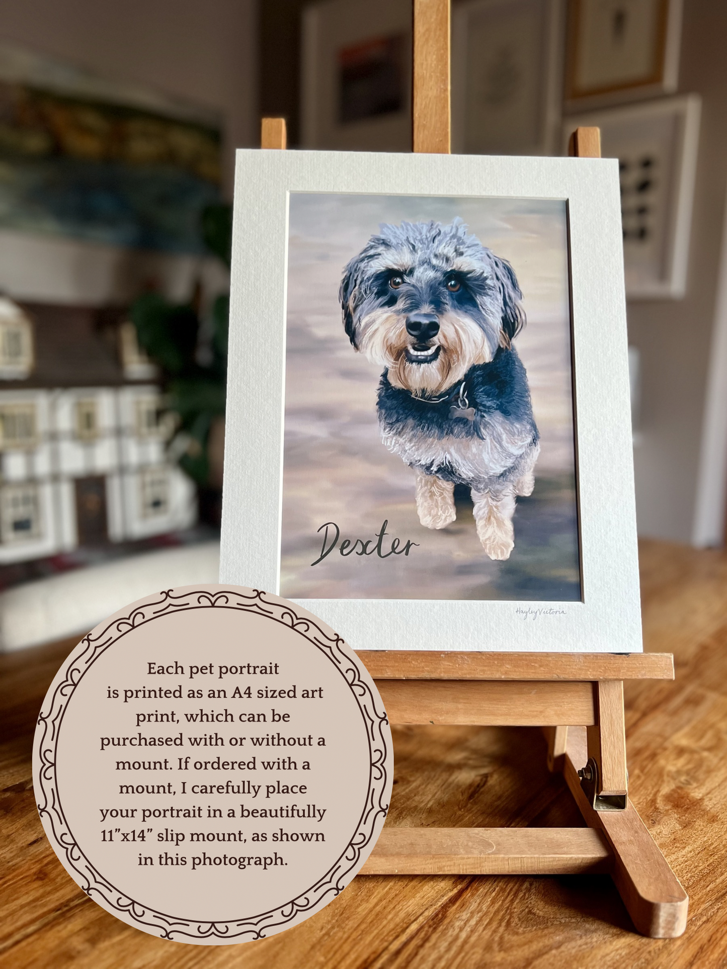 Custom dog pet portrait print in 11x14 mount displayed on easel, personalised artwork showing small mixed breed dog illustration, option to purchase with or without mount