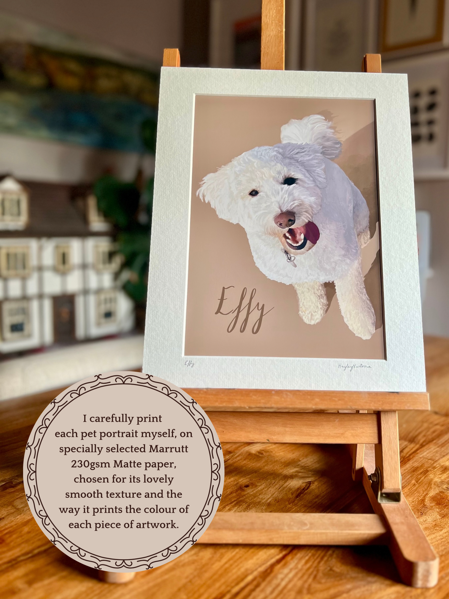 Custom white dog pet portrait print in 11x14 mount displayed on tabletop easel, printed on 230gsm high quality matte paper, personalised artwork by UK artist