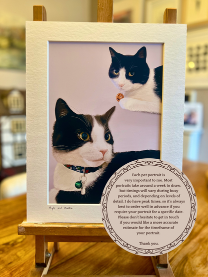 Custom cat pet portrait print in 11x14 mount showing two black and white cats, displayed on tabletop easel, personalised artwork from photos with turnaround time information