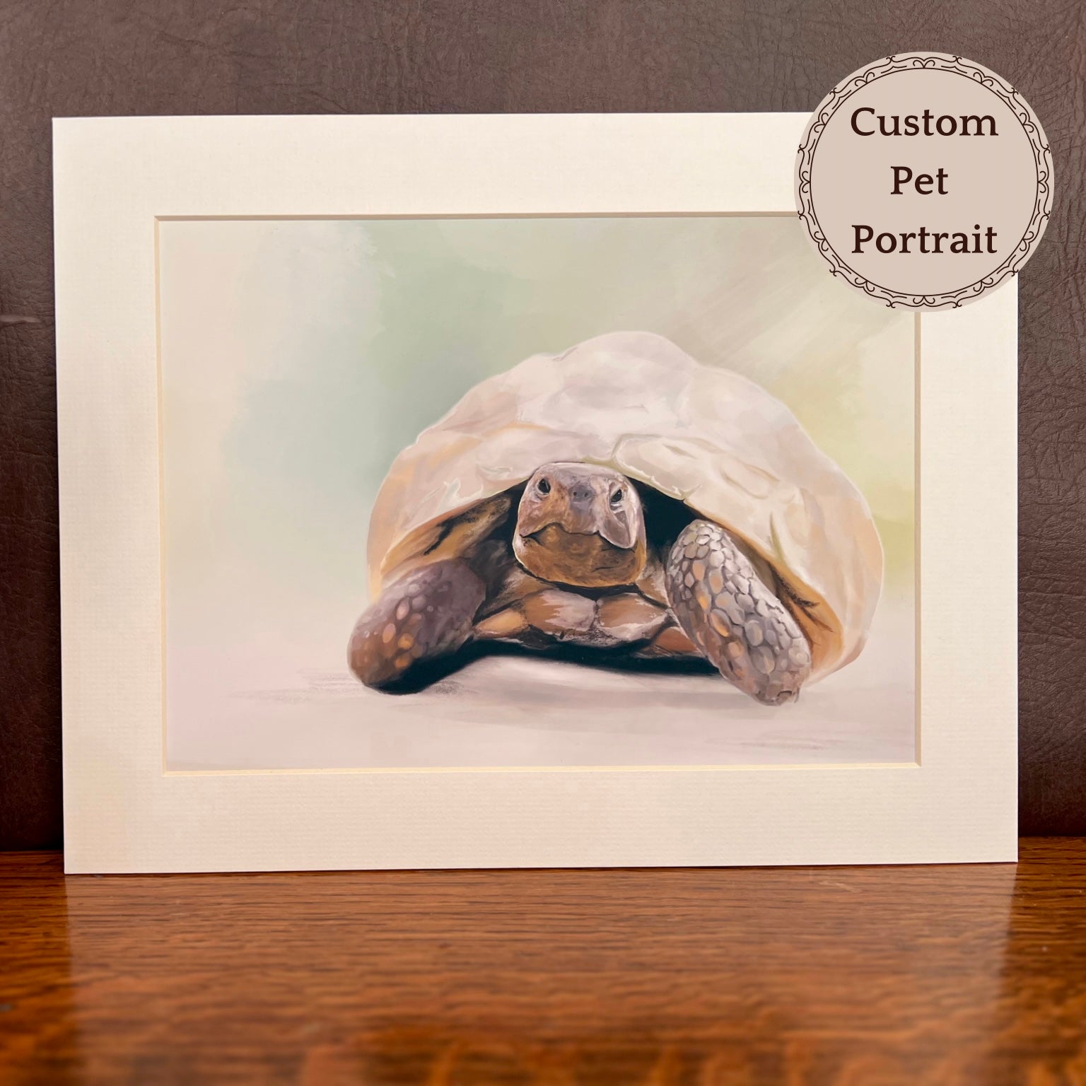 Custom reptile pet portrait print of a tortoise in realistic style, A4 artwork mounted in 11x14 slip mount, personalised pet illustration gift by East Yorkshire artist