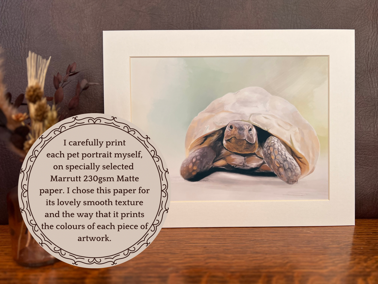 Custom tortoise pet portrait print in 11x14 slip mount displayed on desk, printed by artist on high quality matte paper, personalised reptile artwork