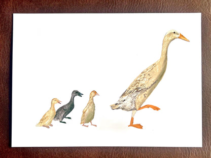 Runner Ducks Art Print – White Duck and Ducklings Illustration – Rustic Animal Wall Art for Cottage or Kitchen Decor