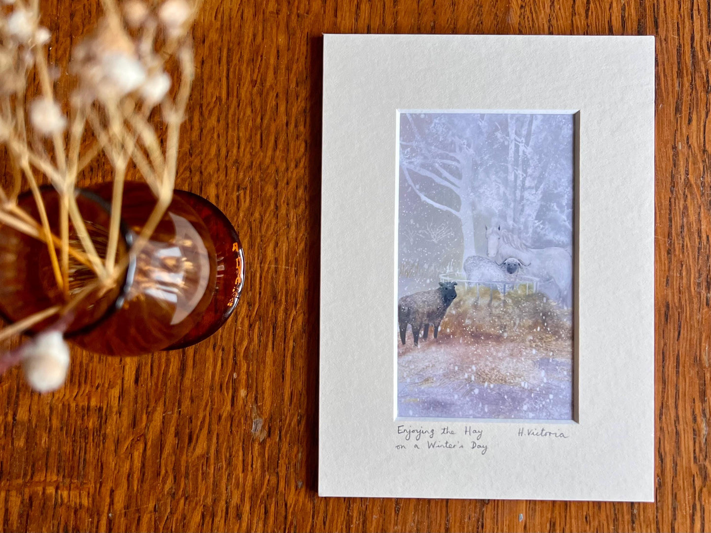 Small Art Print with Fun Sheep and a White Horse on a Snowy Day – A Charming Small Art Print
