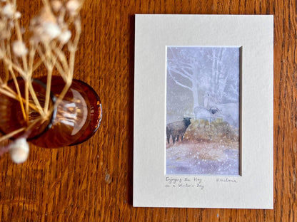 Small Art Print with Fun Sheep and a White Horse on a Snowy Day – A Charming Small Art Print