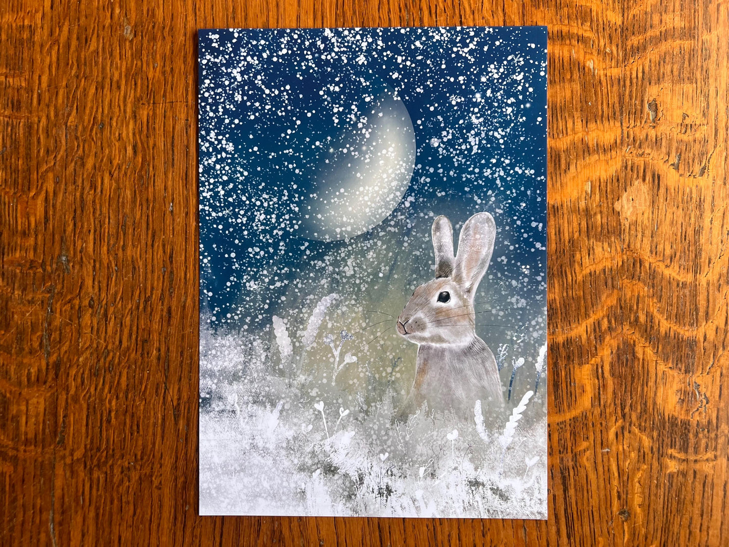 Hare and Moon Art Print – Snowy Night Woodland Illustration – Mystical Animal Artwork for Magical or Moody Interiors
