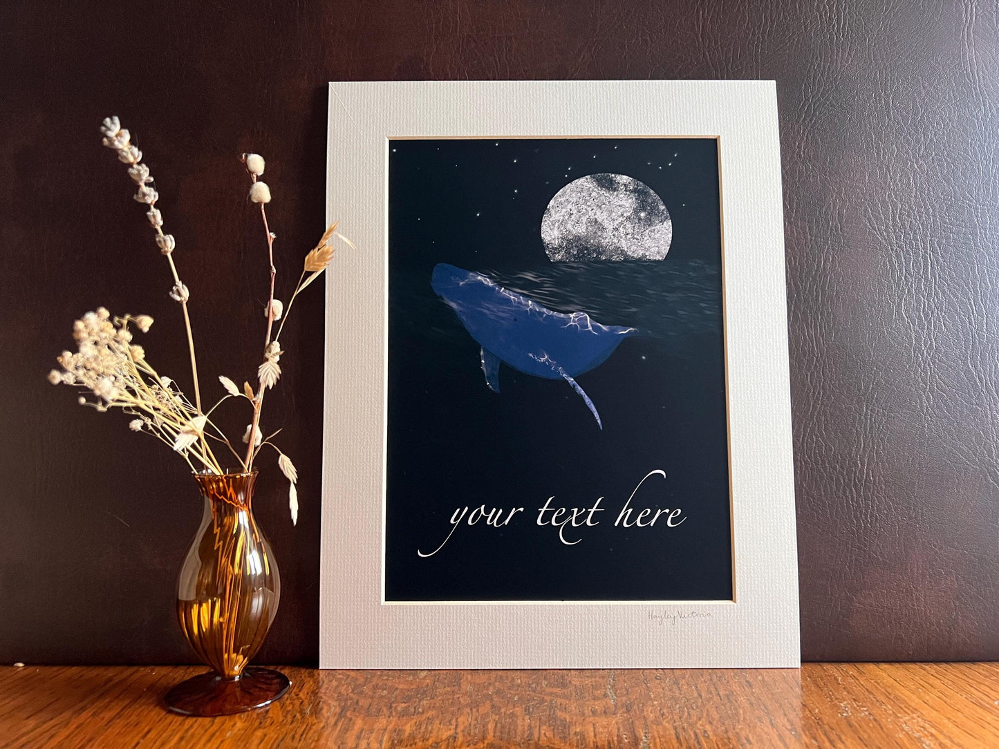 Custom Blue Whale Art Print – Personalised Ocean Nursery Wall Art with Moon & Stars